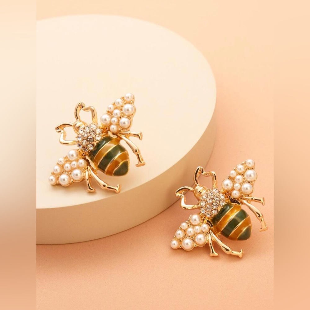 1 Pair Vintage Bee Shaped Earrings With Rhinestone And Faux Pearl, Zinc Alloy - Picture 1 of 4